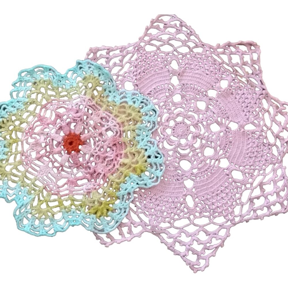 Vintage Pastel Pink and Green Hand Crocheted Doilies Set of 2 Table Toppers